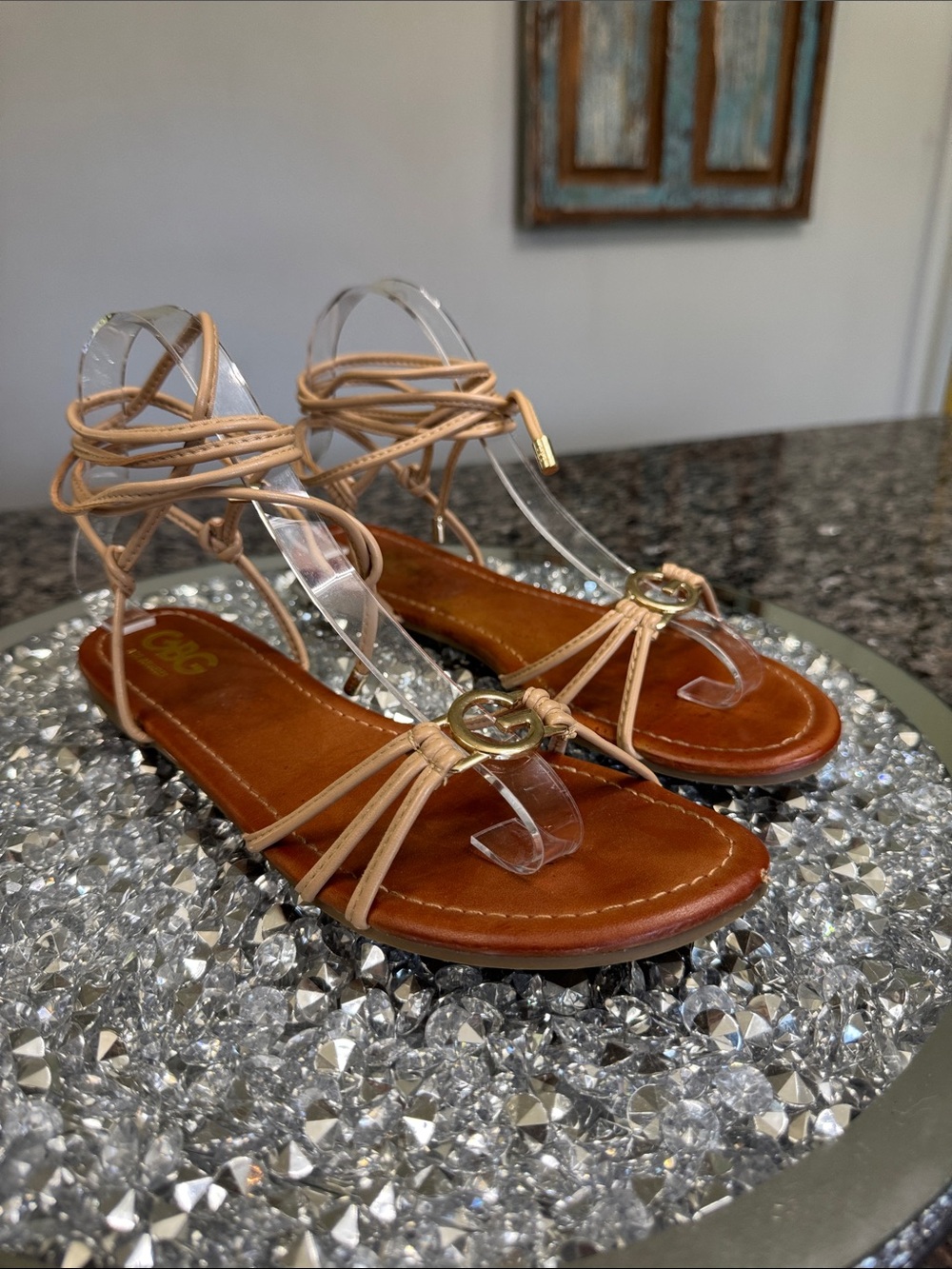 GBG Los Angeles Beige Lace-Up ankle strap Sandals with Gold G Emblem - Picture 7 of 10